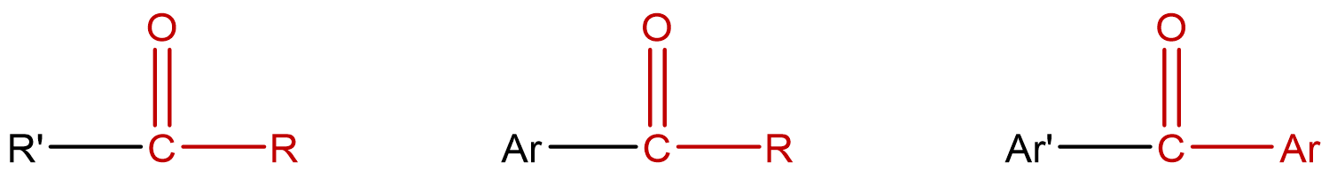 Three general structural formulas are shown. The first one shows the carbonyl carbon bonded to two R groups, the second shows one R group and one Ar group and the third one shows bonding to two Ar groups. 
