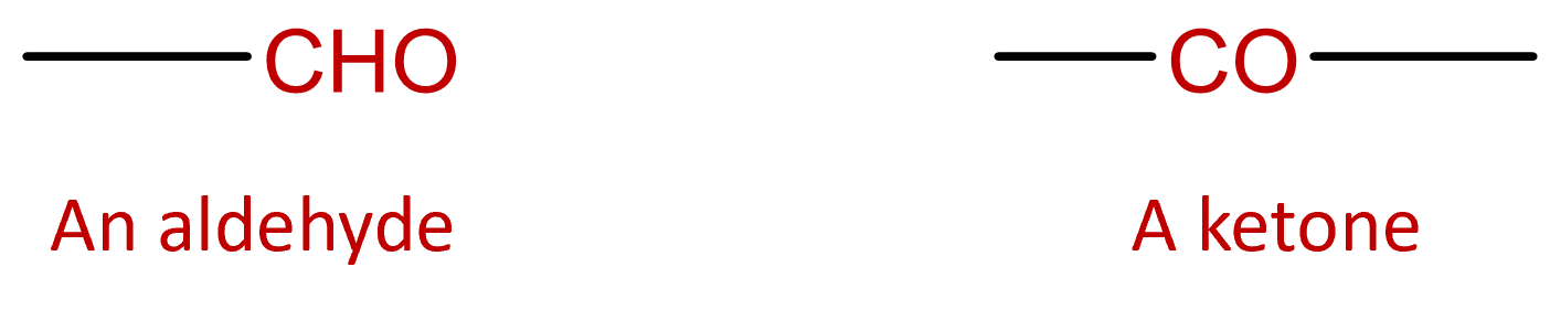 An aldehyde is shown to have structural formula CHO and ketone CO.