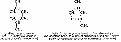Left: Hexane with two methyl substituents on carbon 1 and 4. Text: 1,4-dimethylcyclohexane (not 3,6-dimethylcyclohexane because of lowest number rule). Right: Cyclopentane with methyl group on carbon 3 and ethyl group on carbon 1. Text: 1-ethyl-3-methylcyclopentane (not 1-ethyl-4-methyl-cyclopentane because of lowest number rule, and not 1-methyl-3-ethylcyclopentane because of alphabetical order rule).