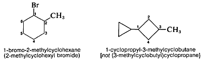 Left: cyclohexane with bromine on carbon 1 and methyl on carbon 2. Text: 1-bromo-2-methylcyclohexane (2-methylcyclohexyl bromide). Right: Cyclobutane with methyl on carbon 3 and cyclopropane on carbon 1. Text: 1-cyclopropyl-3-methylcyclobutane (not (3-methylcyclobutyl)cyclopropane). 