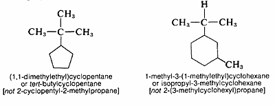 Izquierda: ciclopropano con terc-butilo sobre carbono 1. Texto: (1,1-dimetiletil) ciclopentano o terc-butilcilcopentano. (No 2-ciclopentil-2-metilpropano). Derecha: Ciclohexano con grupo metilo sobre carbono 1 e isopropilo sobre carbono 3. Texto: 1-metil-3- (1-metiletil) ciclohexano o isopropil-3-metilciclohexano (no 2- (3-metilciclohexil) propano).
