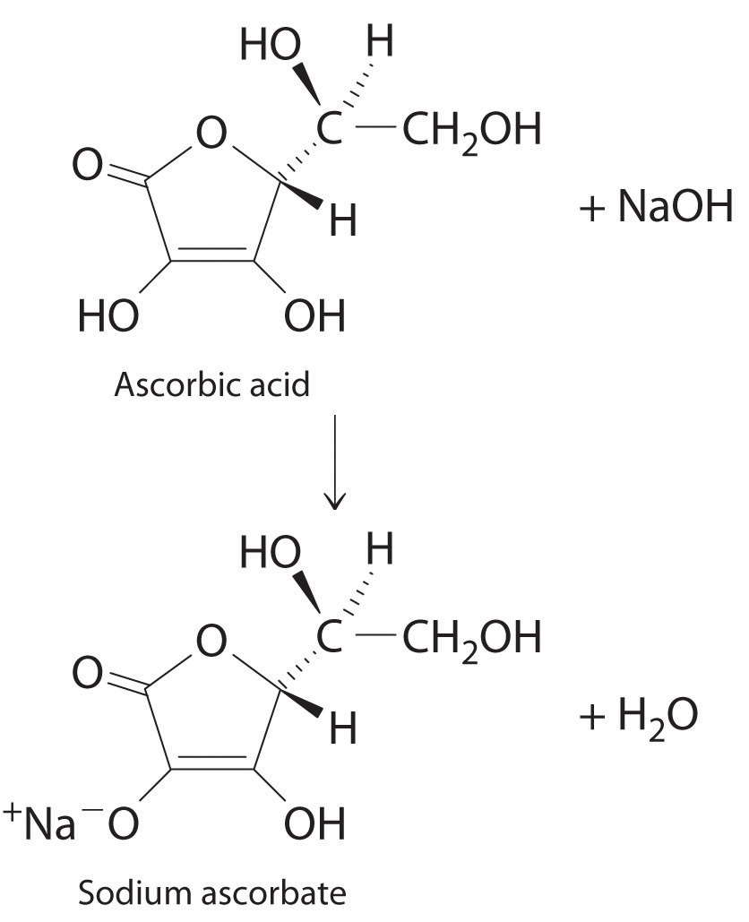 Ascorbic acid reacts with sodium hydroxide to form sodium ascorbate and water.