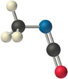 Three hydrogens are bonded to a carbon. The carbon is also bonded to a nitrogen. The nitrogen is double bonded to another carbon. The second carbon is double-bonded to an oxygen. The nitrogen has one lone pair. The oxygen has two lone pairs.