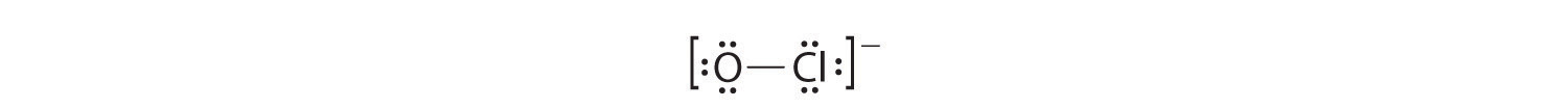 Both the oxygen and chlorine have 3 electron pairs drawn around them with a bond drawn between them. The molecule has square brackets placed around it and has a negative charge. 
