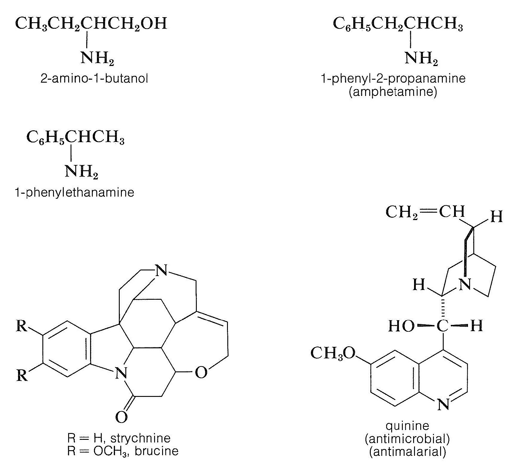 Condensed bond lin structures of 2-amino-1-butanol, 1-phenylethanamine, and 1-phenyl-2-propanamine (amphetamine). Wedge-dash structure of guinine. 