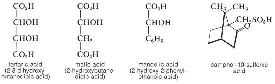 Line structures of tartaric acid, malic acid, and mandelic acid. Chair conformer of camphor-10-sulfonic acid. 