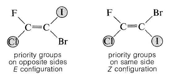 Diagram of CFClCBrI, one with priority groups on opposite sides of the bond (E configuration). When the priority groups are on the same side of the bond, it is the Z configuration.