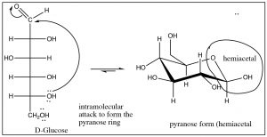 Imagen de una reacción de ataque intramolecular para formar el anillo de piranosa.