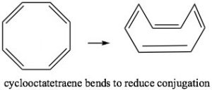 Una imagen del ciclooctatetraeno a medida que se dobla para reducir la conjugación.