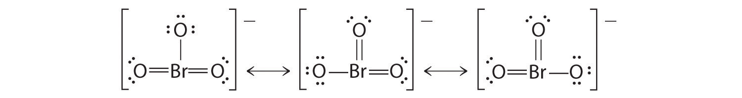 Resonance structures of BrO- with the two double bonds moving around the molecule one double bond at a time.