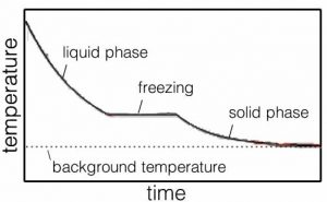 An image of a graph with the x-axis labeled as "time" and the y-axis as "temperature". There is a dotted line going on the very bottom of the graph labeled as "background temperature." The line on the graph is a slowly decreasing line with a curve on the top and bottom and a straight line in the middle connecting the curves. The first curve is labeled as the "liquid phase", the straight line is labeled as "freezing." And lastly the second curve is labeled as "solid phase."