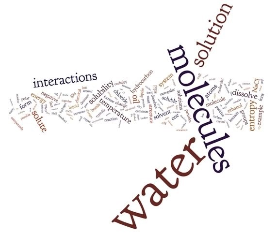 A word cloud with the words, water, molecules, solution, and interactions being the biggest words.