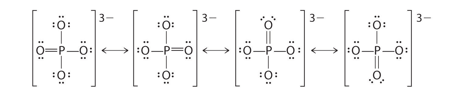 Resonance structures of PO4(3-) with the double bond on a single oxygen moving around the molecule.