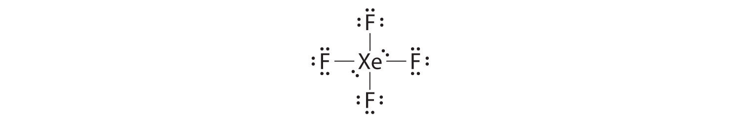 Lewis structure of xenon tetrafluoride with four bonds to xenon, six valence electrons on each fluorine, and four on xenon.