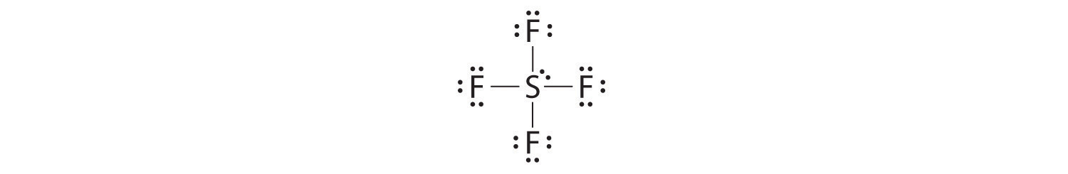 Lewis structure of sulfur tetrafluoride with four bonds to sulfur and six valence electrons on each fluorine and two valence electrons on the sulfur.