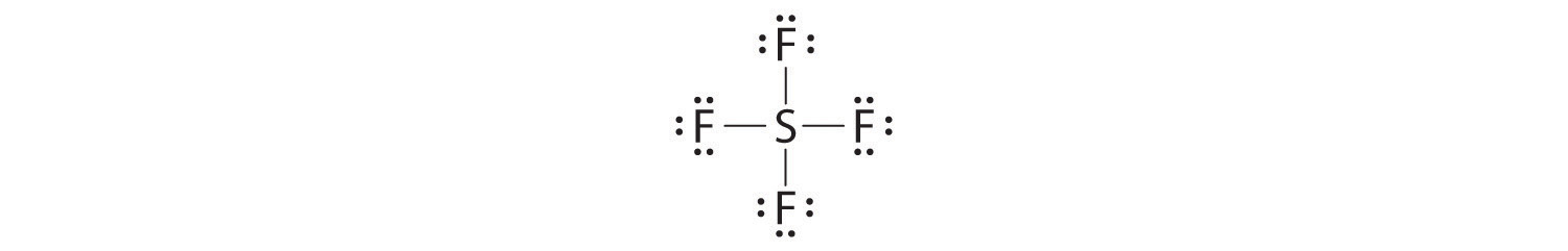 Lewis structure of sulfur tetrafluoride with four bonds to sulfur and six valence electrons on each fluorine.