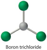 Ball and stick model of boron trichloride that has trigonal planar geometry.