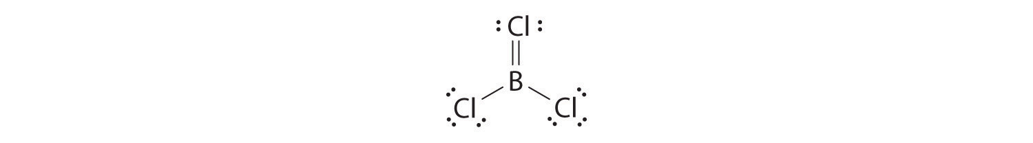 Lewis structure of boron trichloride showing the two single bonds to boron and six valence electrons on each chlorine, and a single chlorine double bound to boron that has four valence electrons.
