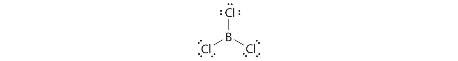 Lewis structure of boron trichloride showing the three single bonds to boron and six valence electrons on each chlorine.