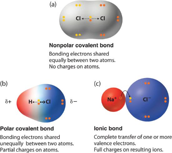 A nonpolar covalent bond shares bonding electrons equally between two atoms with no charges on the atoms. A polar covalent bond shares bonding electrons unequally between two atoms with partial charges on the atoms. An ionic bond has a complete transfer of one or more valence electrons with full charges on the resulting ions.