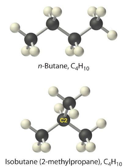 n-butane, C4H10; Isobutane (2-methylpropane), C4H10.