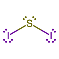 Lewis structure of SI2 shows a bent molecule with 4 valence electrons on sulfur and 6 valence electrons on each iodine. A single bond connects the sulfur to each iodine.