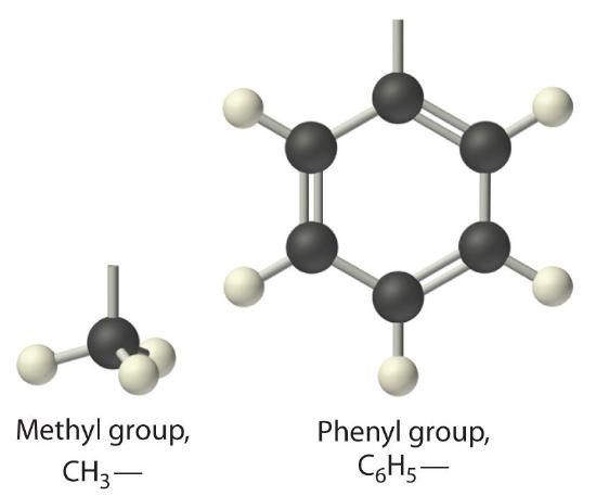Methyl group, CH3, and a phenyl group, C6H5.
