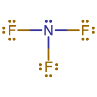 T-shaped chemical structure of nitrogen trifluoride showing a single covalent bond connecting the central carbon to each fluorine. Nitrogen has a single lone pair electron group and each fluorine has three lone pair electron groups.