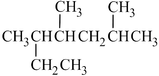 An alkane with a main branch of seven carbons. There is a two carbon branch on the second carbon, a single carbon branch on the third carbon, and another single carbon chain on the sixth carbon.
