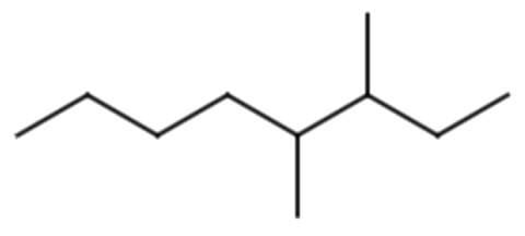 An alkane with a main branch of eight carbons. There are two single carbon branches on the sixth and seventh carbons.
