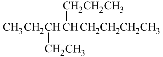 An alkane with a main chain of eight carbons, a two carbon branch on the third carbon, and a three carbon branch on the fourth carbon. Hydrogens are included with each carbon.