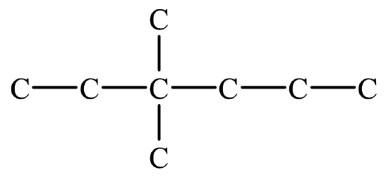 An alkane skeleton (hydrogens not included) with a main chain of six carbons and two single carbon branches, both on the third carbon.