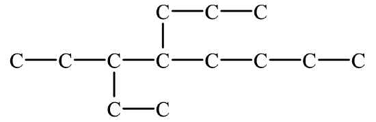 An alkane skeleton (hydrogens not included) with a main chain of eight carbons, a two carbon branch on the third carbon, and a three carbon branch on the fourth carbon.