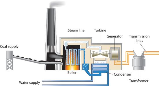 Diagram of coal power plant consisting of a coal supply, water supply, boiler, condenser, transformer, steam line, turbine, generator, and transmission lines.