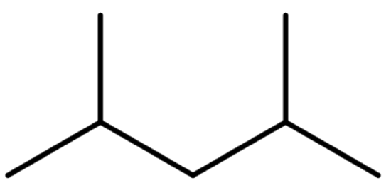 Line structure of an alkane with three bumps and two ends. There are two single carbon branches on the second and fourth bump.