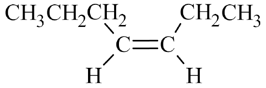 A carbon chain consisting of seven carbons. A double bond connects the third and fourth carbons. The hydrogens of both the third and fourth carbons are on the same side of the molecule.