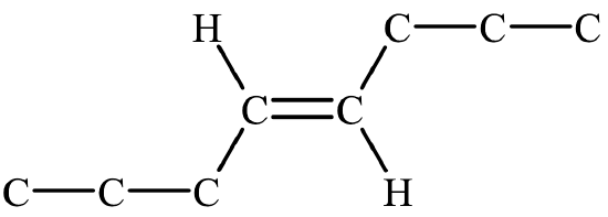 An eight carbon skeleton with a double bond connecting the fourth and fifth carbon. The hydrogens of the fourth and fifth carbon are on opposite sides of the molecule.