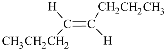 An eight carbon chain with a double bond connecting the fourth and fifth carbon. The hydrogens of the fourth and fifth carbon are on opposite sides of the molecule. Hydrogens of all carbons are included.