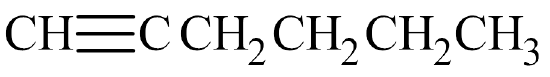 A six carbon chain with a triple bond connecting the first and second carbon. Hydrogens are included.