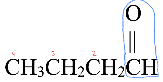CH3CH2CH2COH. The carbons are numbered starting with the carbonyl carbon. The CO group is circled.