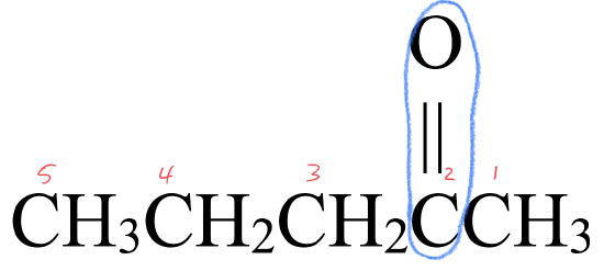 CH3CH2CH2COCH3. The carbons are numbered so that the carbon double bound to the oxygen is number two. The CO functional group is circled.
