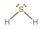 Bent chemical structure of hydrogen sulfide showing one covalent bond connecting each hydrogen to the central sulfur. Sulfur has two lone pair electron groups.