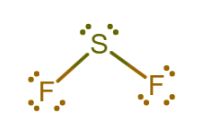 Bent chemical structure of sulfur difluoride showing a single covalent bond connecting each fluorine to the central sulfur. Sulfur has two lone pair electron groups and each fluorine has three lone pair electron groups.