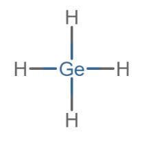 Chemical structure of germanium tetrahydride showing a single covalent bond connecting each hydrogen to the central germanium. There are no lone pair electron groups.