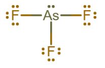 T-shaped structure of arsenic trifluoride showing a single covalent bond connecting each fluorine to the central arsenic. Arsenic has a single lone pair electron group and each fluorine has three lone pair electron groups.