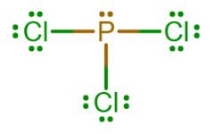 T-shaped chemical structure of phosphorus trichloride showing a single covalent bond connecting each chlorine to phosphorus. Phosphorus has a single lone pair electron group and each chlorine has three lone pair electron groups.