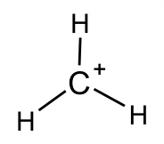 El carbono con una carga positiva tiene un par de enlaces con cada uno de los tres átomos de hidrógeno circundantes