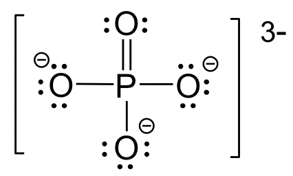 P tiene un par de enlaces con 3 O que tienen 3 pares solitarios y son negativos y 2 pares de enlaces con 1 O que tiene 2 pares solitarios