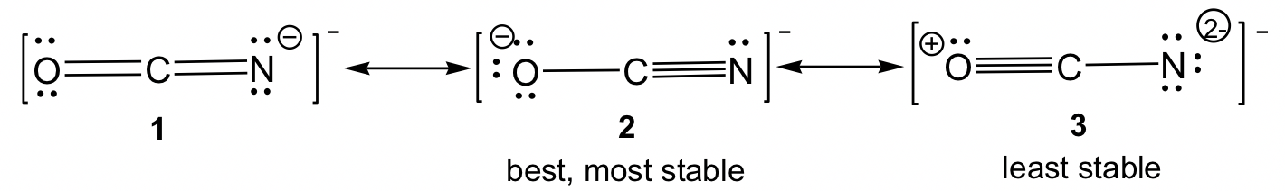 La estructura 1's N tiene una carga formal de -1, la estructura 2's O tiene una carga formal de -1, y la estructura 3 tiene una carga formal de -2