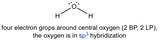 cuatro grupos de electrones alrededor del oxígeno central (2 BP, 2LP), el oxígeno está en hibridación sp3